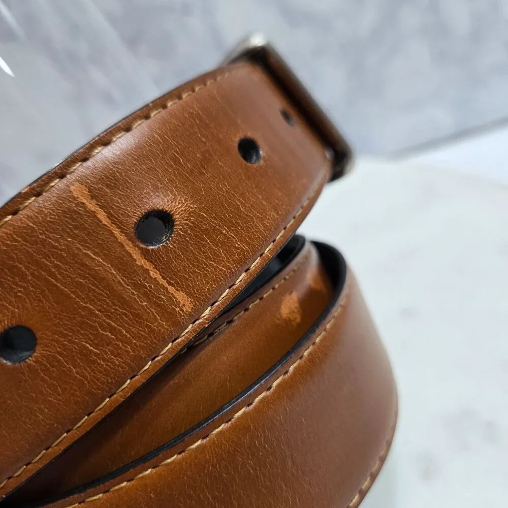 Fossil Mens Brown‎ Leather Belt Size 35 Silver Buckle Casual Preppy Neutral